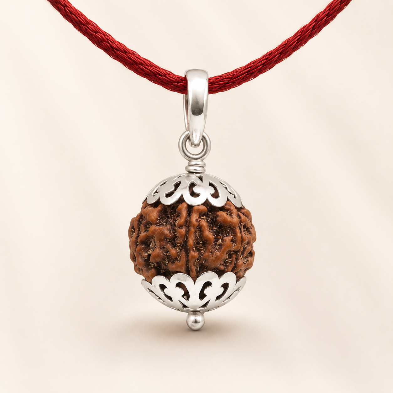 Shivaloka Banaras rudraksha silver pendant on red thread
